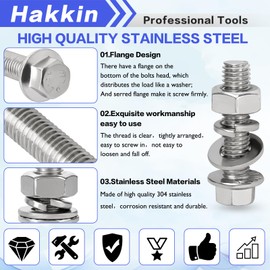 Hakkin 248Pcs Flanged Hex Bolts M6 M8 M10 Metric Bolt Assortment, Flange Hex Bolts and Nuts Kit M6 Bolt M8 x 1.25 M10-1.5 Stainless Steel Hex Head Screws Nuts Washers Assortment Kit