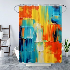 UPUMKSK Teal Orange Shower Curtain Turquoise Blue Yellow Abstract Brushstrokes Oil Painting Watercolor Grunge Style Modern Colorful Art Bath Curtain with Hook