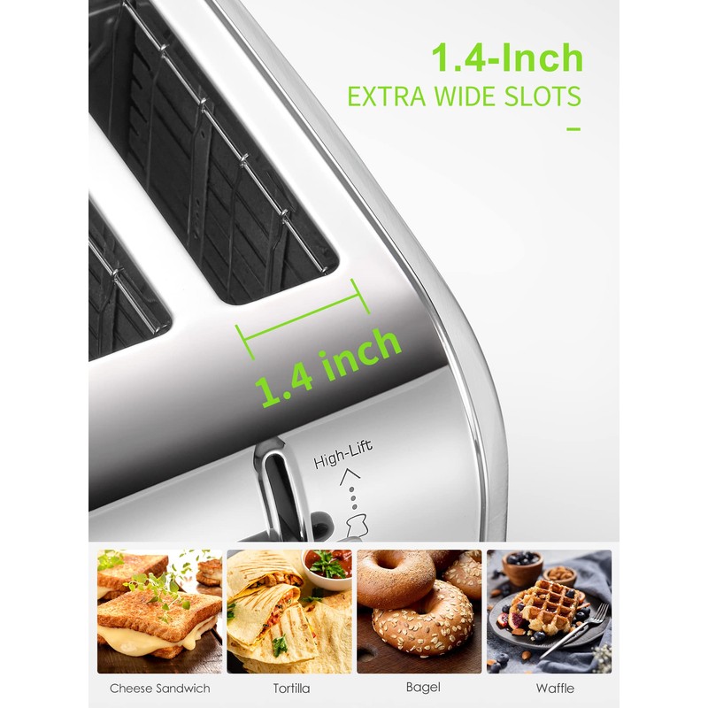 Toaster 4 Slice, Extra Wide Slots, Stainless Steel with High