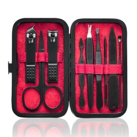 HANTEKAS Manicure Set 9 in 1 Stainless Steel, Nail Clippers Scissors Pedicure Tools Kit - Portable Travel Grooming Kit for Men and Women with Black/Red Leather Case (Red)