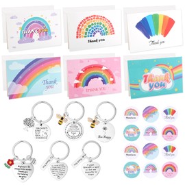 6 Sets Nursery Teacher Gifts, Thank You Teacher Gifts with 6 Rainbow Thank You Cards, 6 Keyrings and 12 Stickers, Teacher Keyring Gifts, Best Teacher Gifts for Primary School Nursery Teachers