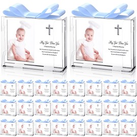 Vercraft 24 Set Baptism Picture Frame 3.5 x 5 Acrylic Baby Shower Baptism Favor Christening Gifts for Boy Girl with Plastic Crystal Boxes and Satin Ribbon Bows for Religious First Communion(Silver)