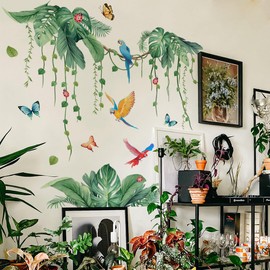 2 Sheets Jungle Wall Decals Peel and Stick Removable Vine Wall Stickers & Murals for Living Room Bedroom Vinyl Jungle Nursery Decor Tropical Wallpaper Green Plants Leaves Wall Decals with Parrot Birds