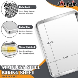 17.5’’ Baking Cookie Sheet Set of 2, Joyfair Stainless Steel Half Size Large Jelly Roll Sheets Metal Oven Pans Tray, Ideal for Roasting Grilling Steaming, Thicker Steel & Heavy Duty, Dishwasher Safe
