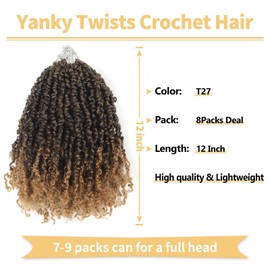 Ainimiu 12 Inch Yanky Twist Crochet Hair for Black Women 8 Packs Pre-looped Yankee Twist Hair Brown Spring Mini Passion Twist with Curly Ends Synthetic Crochet Braids