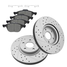 Fraxle Front Drilled & Slotted Disc Brake Rotors and Ceramic Brake Pads kit for 2013-2018 Ford Escape, 2006-2012 C70, C30, S40, V50