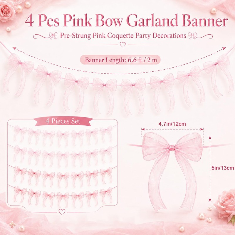 4 Pcs Pink Bow Garland Banner Pre Strung