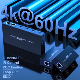 HDMI Extender Splitter1x2 HD 4K @60Hz up to 60m(196ft)-Loop Out-Over CAT5/CAT6/CAT7 Cable HDMI Transmitter and Receiver with IR Power Switch and EDID