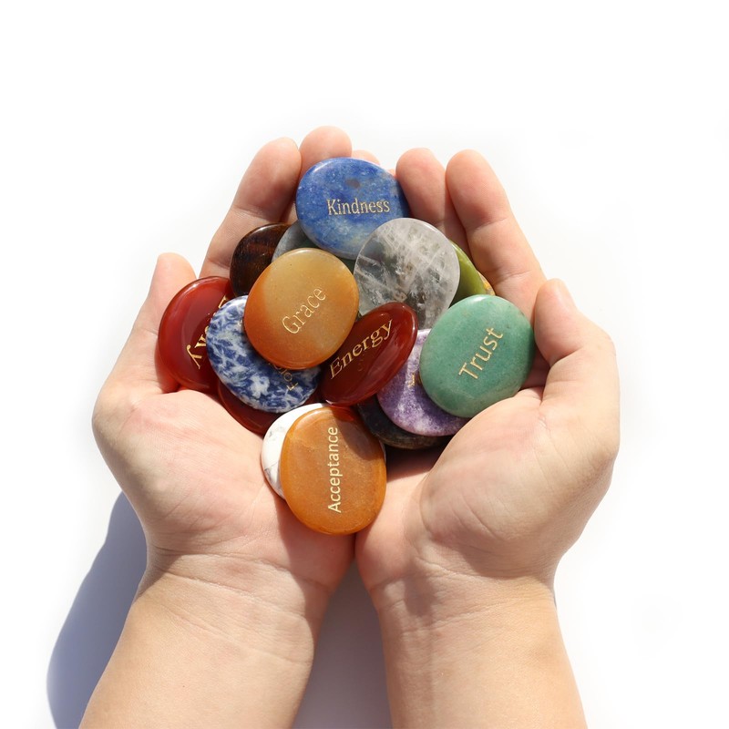 6PCS Worry Stones with Engraved Word, Natural Gemstone Thumb Stones