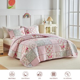 Joyreap Floral Cotton Quilt Set, Pink Aqua Flowers Grid Patchwork Design for Spring, 3 Pieces King Size Quilt Bedding Set, Soft n Cozy Bedspread Bed Cover for All Season- 102x90 inches