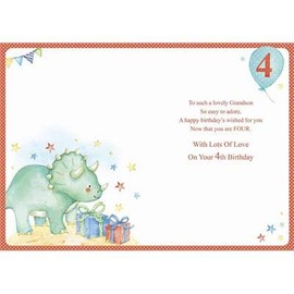 Grandson 4th Birthday Card - Dinosaurs, Balloons & Presents
