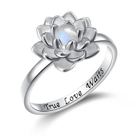 Moonstone Lotus Ring, Sterling Silver True Love Waits Engraved Lotus Flower Blossom Fidget Ring Natural Healing Buddha Spiritual Yoga Jewelry Gifts for Women (N 1/2)