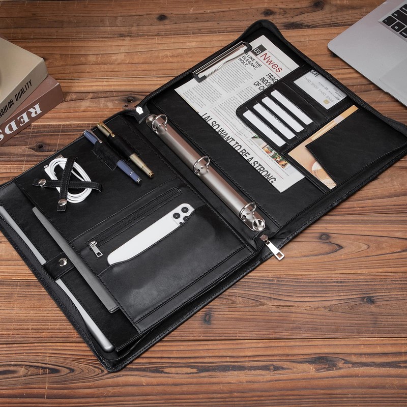 Geslun Vegan Leather Portfolio 3 Ring Binder with Clipboard, Hidden