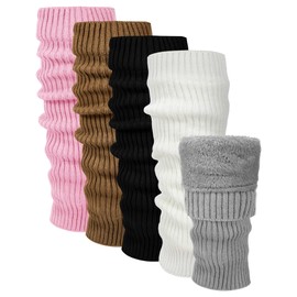 Chuarry 5 Pairs Women Fleece Lined Leg Warmers Warm Long Boot Socks Knit Thick Calf Warmers for Winter Skating Daily Wear
