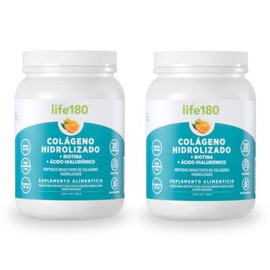 Life180, Colágeno Hidrolizado en Polvo, Sabor Naranja, Paquete de 2 piezas de 450gr c/u, 60 Porciones, 5gr de Colágeno por Porción, 900 gramo, 2