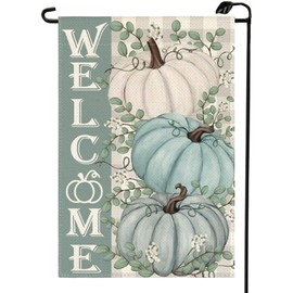 Welcome Fall Pumpkins Garden Flag 12x18 Inch Double Sided Thanksgiving Autumn Harvest Eucalyptus Blue Small Flags Outdoor Decoration for Yard QJ51
