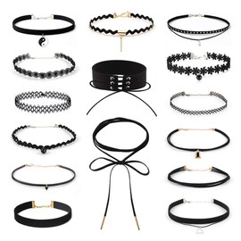 Choker Necklace Set 15Pcs Black Choker Necklace Set, Tattoo Choker Necklace, Elegant Choker Necklace for Women Ladies Teens Girls (Black)