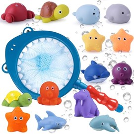15 Piezas Juego de Pesca para Niños, Juguetes de Baño para Niñas y Niños, Juguete de Pesca Incluye 1 Redes de Pesca y 14 Animales Flotantes para Pisci