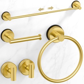 Brushed Gold Suction Cup Bathroom Accessories Set,Towel Racks for Bathroom,5 Piece Bathroom Hardware Set Restroom Accessories,Includes 24" Towel Bar,Towel Ring,Toilet Paper Holder,Suction Cup Hooks