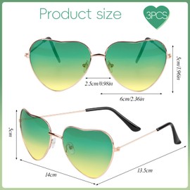 Pack of 3 Heart Party Glasses, Green Sunglasses Heart, Hippie Green Party Glasses, Sunglasses 70s 80s Women, Men, Sunglasses Carnival, Funny Glasses for Carnival Photo Props Birthday