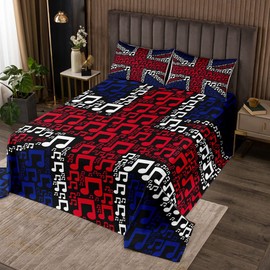 Homemissing UK Flag Coverlet Music Notes Flag for Kids Boys Girls United Kingdom Flag Quilted Bedspread Blue Red and White Breathable Double Size