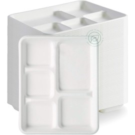 100% Compostable, 5 Compartment, Disposable Paper Plates [125-Pack] - {PFAS Free} - {BPA Certified} - [10 Inch] Heavy Duty Biodegradable Bagasse Sectional Lunch Trays + Dividers - Divided Platter Tray | Stack Man