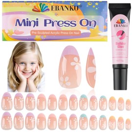 26 Pieces Press on Nails for Kids, Kalolary 1 Pack Kid Fake Nail Pink Flower Press on Nails for Girls 5-12 Years with Nail Glue