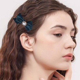 Xduargs Vintage Velvet Bow Hair Barrettes Velvet Satin Bow Hair Clips Barrette French Pearl Bowknot Hair Clip Pin Winter Ribbon Bow Knot Headclip Barrette Hair Accessories for Women(Dark Green)