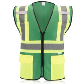 SULWZM High Visibility Reflective Safety Vest with Zipper and Pockets Green,M