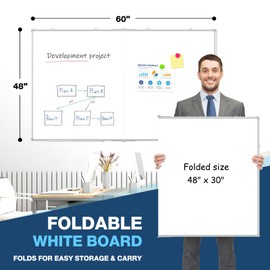 Large White Board Dry Erase Silver Aluminium Frame, 60" x 48" Double Sided Dry Erase Board for Wall, Magnetic Foldable Whiteboard for Office, Home, School, Kitchen