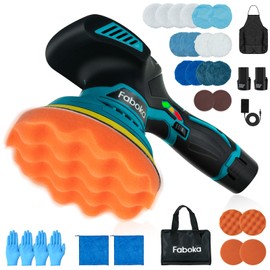 FABOKA 6 Inch Cordless Car Buffer Polisher, 12V Dual-Action Random Orbital Polisher, Portable Polishing Waxer Machine with 2PCS 2.0Ah Rechargeable Batteries, 25PCS Attachments