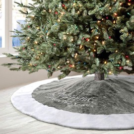 Alynsehom Gray Christmas Tree Skirts Luxury Faux Fur Plush Wonderful Time Embroidery Large Size Xmas Tree Skirts Holiday Tree Ornaments Home Party Christmas Decorations (Dia.48/122cm)