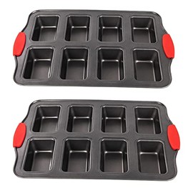 Plazotta 2 Packs 8 Cavity Non-Stock Mini Loaf Pan with Silicone Handle, Mini Bread Loaf Baking Pan Mini Brownie Pan Cheesecake Pan Rectangular Bar