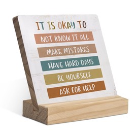It is Okay to Mental Health Wood Plaque with Wooden Stand,Inspirational Quotes Wooden Plaque Sign Desk Decor for Home Classroom School Therapy Office Table Shelf Decoration