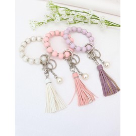 Panny & Mody Silicone Key Ring Bracelet Wristlet Keychain with Silver Bling Zircon & Leather Tassel for Women Gift(Pink)