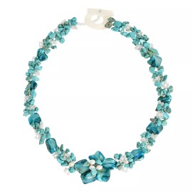 AeraVida Beautiful in Blue Turquoise, Beads, & Shell Floral Inspired Statement Necklace
