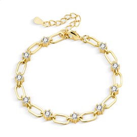 Alexcraft Bracelet for Women Hypoallergenic 14K Real Gold-Plated 925 Sterling Silver Adjustable Bracelet with Zirconia Ball, Cuban Brass Bracelet Anklet Choker Paper Clip Bracelet Chains