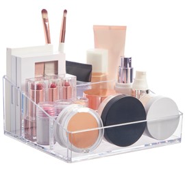 STORi Clear Plastic Small Countertop Vanity Makeup Organizer, Compact Rectangular 4-Compartment Holder for Brushes, Eyeshadow Palettes, & Beauty Supplies, Made in USA