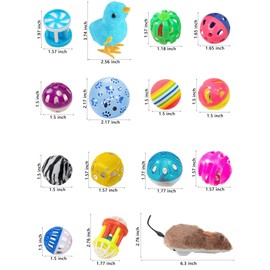 DIYUQISHI 14 Pcs Cat Toys, 1.5" to 6.3", Lightweight, Interactive, Assorted Colors, Cat Toy Balls for Kitten Training and Play, for All Breed Sizes