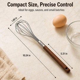 Mini Whisk 10 Inch, 304 Stainless Steel Small Wire Whisk with Walnut Wood Handle, Hand Egg Beater for Cooking, Baking, Mixing Eggs, Coffee, Sauces, Dressing and Gravy, 1 Count