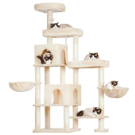 Hey-brother Cat Tree Tower, Scratching Posts with a Extended Part, Wide Platforms, Cozy Condos, Hammocks, Sisal Columns and Ball for Indoor Cats, 70.1 Inches, Beige MPJ038M