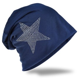 Jersey Slouch Beanie Long Hat Star with Rhinestone Star Appliqué, darkblue
