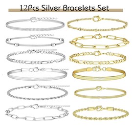 sylbx Pack of 12 Silver Bracelet Set for Women, Adjustable Bracelet, Women's Bracelet, Stainless Steel Chain Bracelets Set, Fashion Jewellery Bracelet Set, Silver, Women's Silver Bracelets,