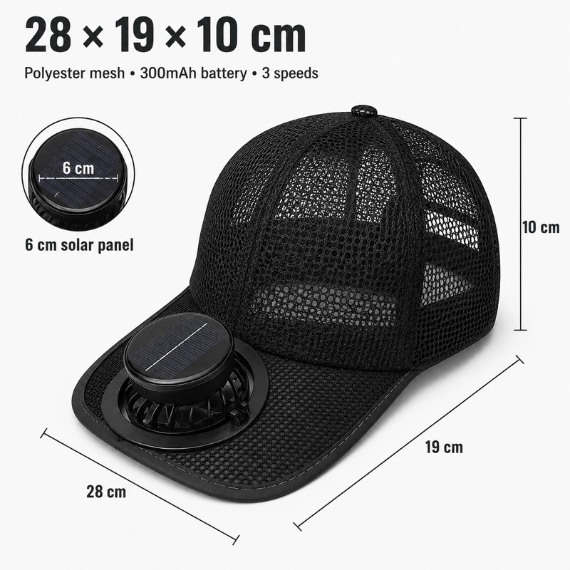 Solar & USB Rechargeable Fan Baseball Cap, 3-Speed Mesh Cooling