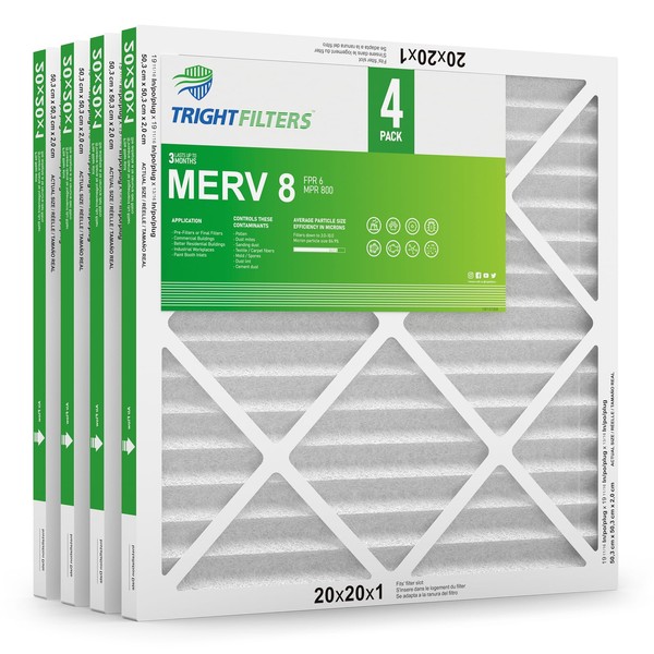 TRIGHTFILTERS 20x20x1 Air Filter 4 Pack, MERV 8 Pleated Dust