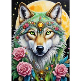 GDYEEH Wolf Diamond Painting Adults, 5D Rose Moon Diamond Art Pictures Beginners, DIY Fantasy Wolf Round Full Drill Diamond Painting Embroidery Cross Stitch Gifts Home Wall Decor 30 x 40 cm