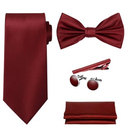 TIE G 5pcs Tie Set in Premium Gift Box : Solid Color Necktie, Satin Bow Tie, Pocket Square, Tie Bar, Cuff Links (D-BB Wine)