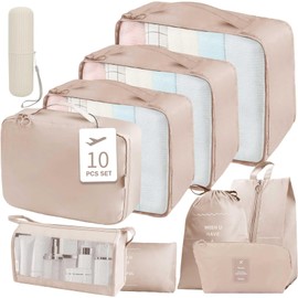Teynewer Packing Cubes for Suitcase, 10 PCS Travel Luggage Packing Organizers for Backpack Compression Packing Cubes Waterproof Travel Essentials Bag, Travel Accessories, Beige