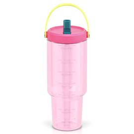 Luxgola 50 oz Tritan Plastic Tumbler with Flip Straw Lid and Top Handle, BPA-Free Reusable Clear Water Bottle with Time Marker, 100% Leak Proof, Fits in Car Cup Holder, Iced Coffee Cup - Rose Red