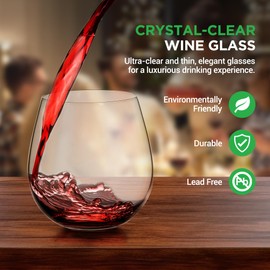NutriChef 15oz Stemless Wine Glasses - Set of 12 Ultra Thin Elegant Red & White Wine Clear Crystal Glass Drinkware, Lead-Free, Hand Blown Seamless Bowl, Dishwasher Safe, for Any Occasion